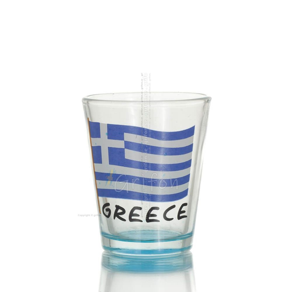 Clear glass blue 6cm shot glass with Flag print, kitchen, raki, tsikoudia, shot glass Kitchen & glasses 1 - grifon.se 