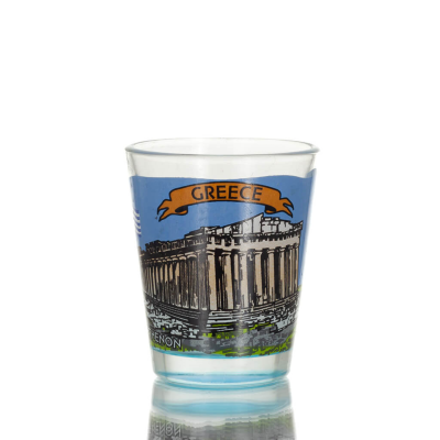 Clear glass blue 6cm shot glass with Parthenon print, kitchen, raki, tsikoudia, shot glass Kitchen & glasses 1 - grifon.se 
