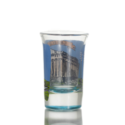 Clear glass blue 7cm shot glass with Parthenon print, kitchen, raki, tsikoudia, shot glass Kitchen & glasses 2 - grifon.se 