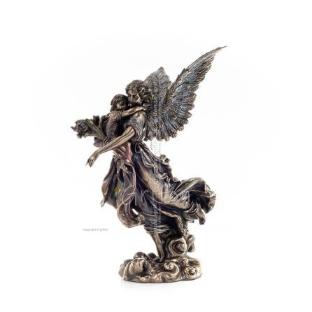 Ängel som omfamnar ett barn och håller blommor 28cm helkroppsstaty Figurin med brons elektrolys Veronese, religiös - andlig Vero