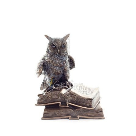Owl or Glaucus: the sacred bird, symbol of wisdom, prudence, in a book 17cm Veronese Bronze Electrolysis Full Body Statue Verone