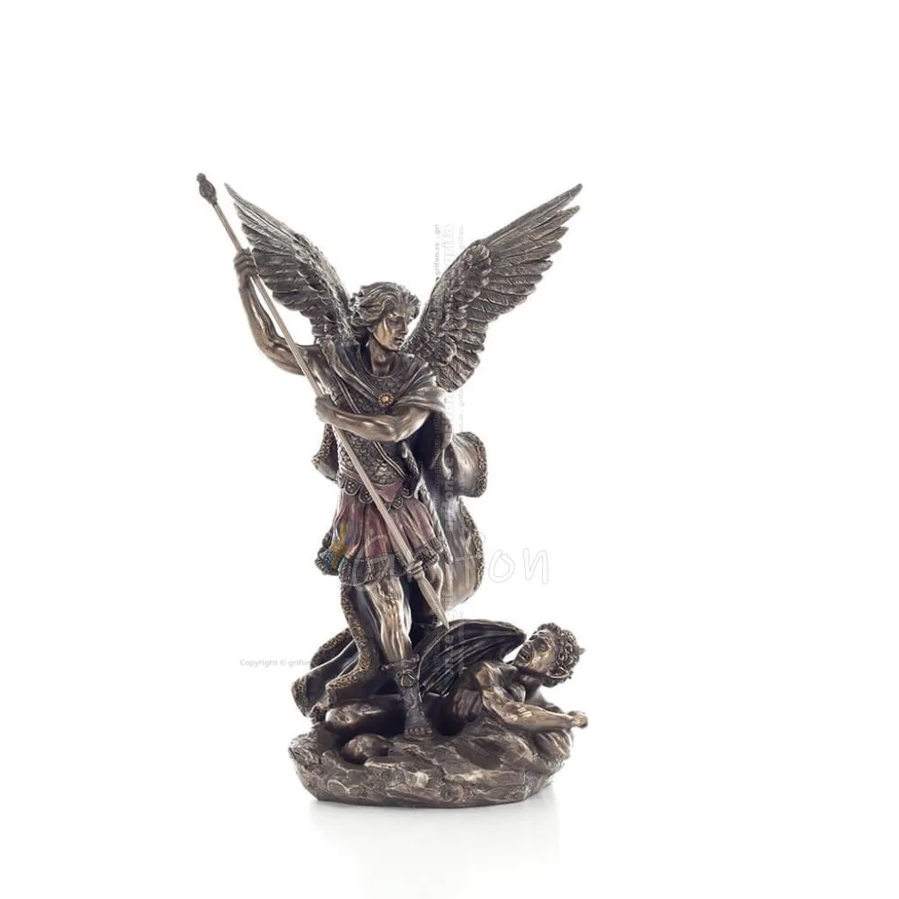 Ärkeängel Michael: Gudliknande, en av de första herrarna, med spjut 28,5 cm Veronese Brons Electrolysis Statue, Christian Verone