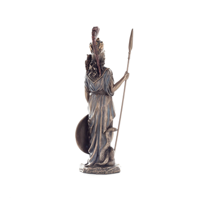 Athena or Athene: The goddess of wisdom 29.5cm with a spear, shield, helmet, and owl with Veronese Bronze Electrolysis, ancient 