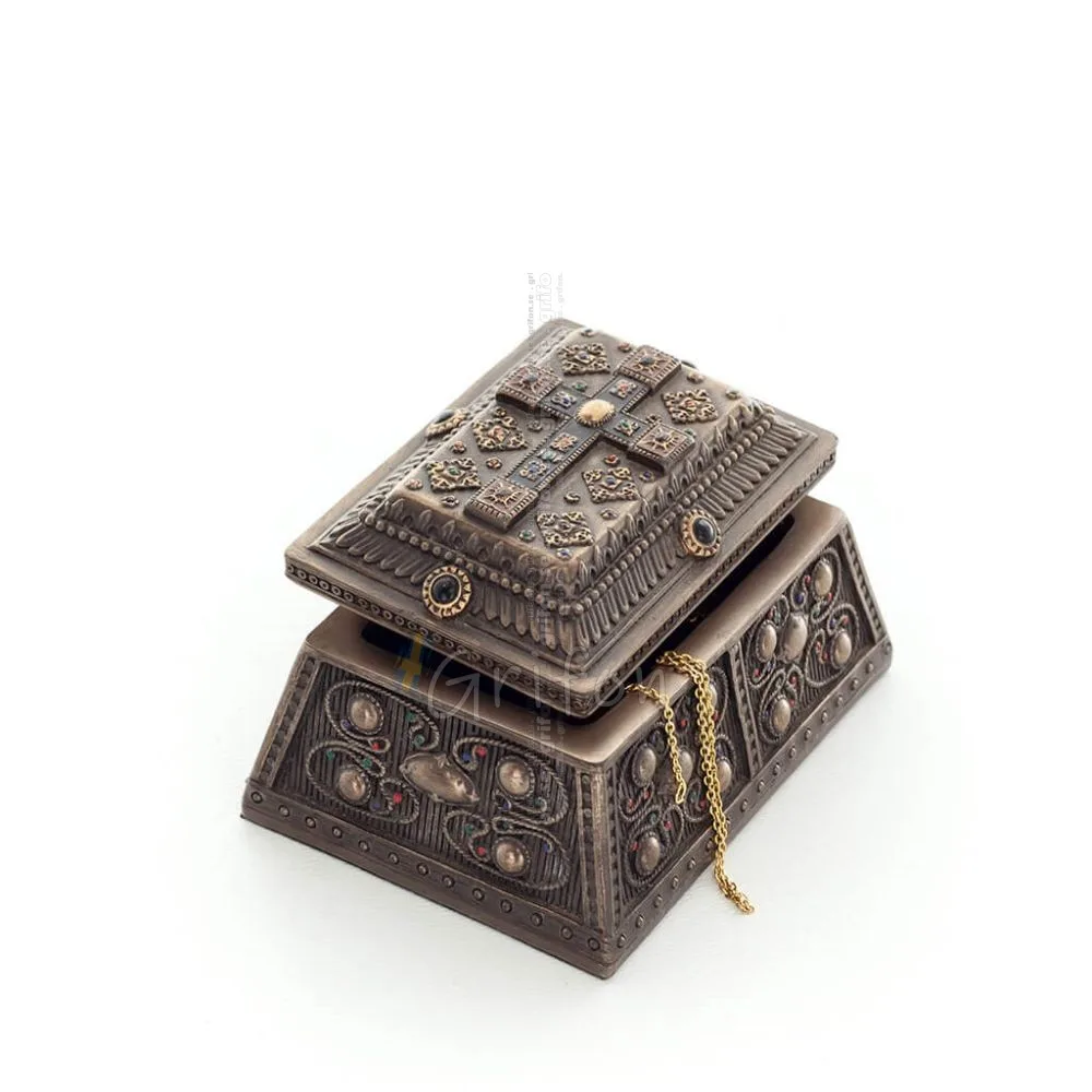 Smyckeskrin i medeltida stil med Cross 10x6cm smyckeskrin, fodral som en låda för förvaring med Veronese Bronze Electrolysis Ver