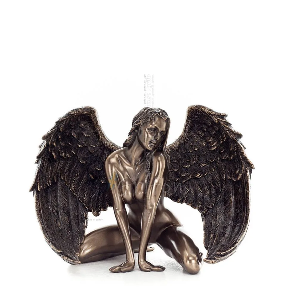 Seated Female Angel with Half-Open Wings 12.5cm Full-body Figurine with Bronze Electrolysis Veronese, Religious - Spiritual Vero