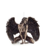 Seated Female Angel with Half-Open Wings 12.5cm Full-body Figurine with Bronze Electrolysis Veronese, Religious - Spiritual Vero