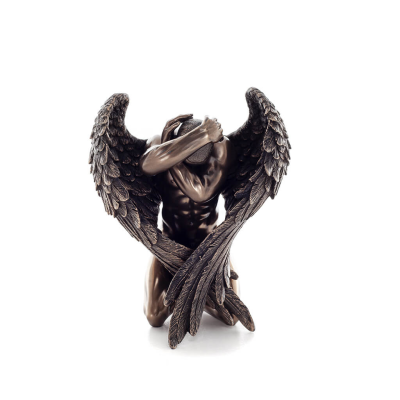 Kneeling Angel with Half-closed Wings Hiding His Head with His Hands 16cm Full-body Statue with Bronze Electroplating by Verones