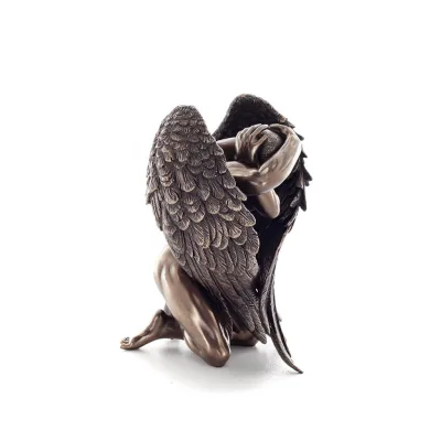 Kneeling Angel with Half-closed Wings Hiding His Head with His Hands 16cm Full-body Statue with Bronze Electroplating by Verones