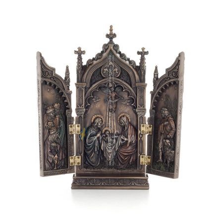 Table-top triptych, The Nativity of Jesus the Servant in a Cathedral 22x11cm with Veronese Bronze Electrolysis, Christian Verone