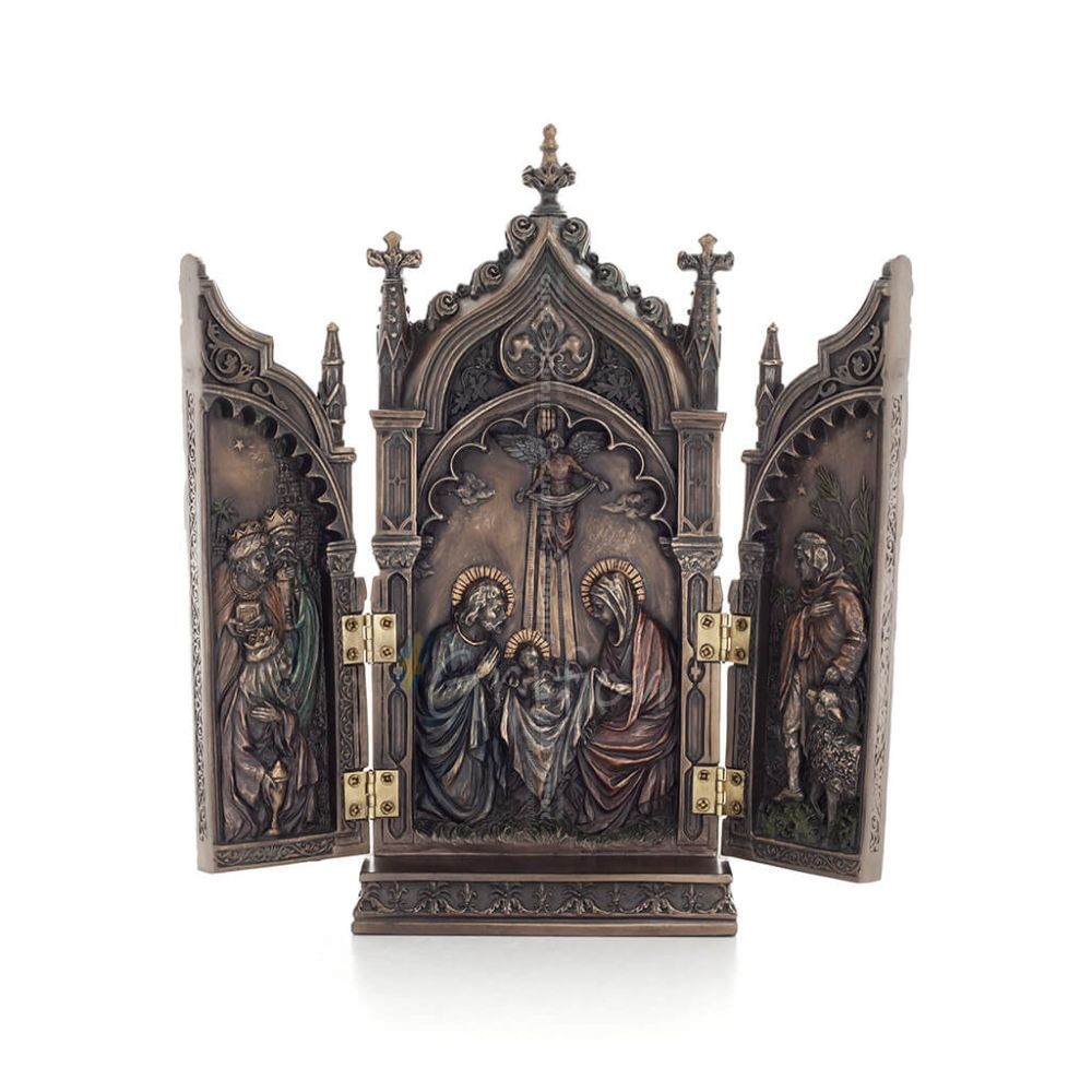 Table-top triptych, The Nativity of Jesus the Servant in a Cathedral 22x11cm with Veronese Bronze Electrolysis, Christian Verone