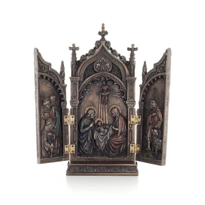 Table-top triptych, The Nativity of Jesus the Servant in a Cathedral 22x11cm with Veronese Bronze Electrolysis, Christian Verone