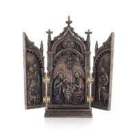 Table-top triptych, The Nativity of Jesus the Servant in a Cathedral 22x11cm with Veronese Bronze Electrolysis, Christian Verone