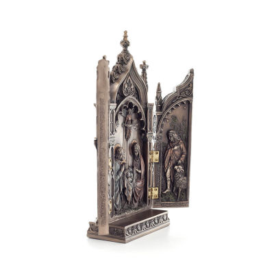 Table-top triptych, The Nativity of Jesus the Servant in a Cathedral 22x11cm with Veronese Bronze Electrolysis, Christian Verone