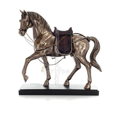 Häst eller Equine, en gående häst med sadel, 48,5 cm. Helkroppsstatyett med brons elektroplätering Veronese Veronese 1 - grifon.