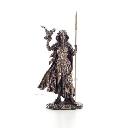 Athena or Athene or Athina: The goddess of wisdom with spear and an owl with open wings in her hand, 30.5 cm Full-body statue Ve