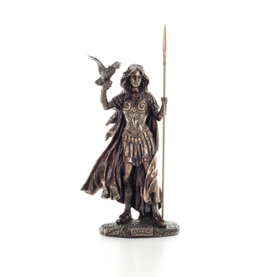 Athena or Athene or Athina: The goddess of wisdom with spear and an owl with open wings in her hand, 30.5 cm Full-body statue Ve