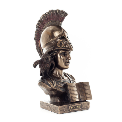 Athena eller Athana eller Athene: Vishetens gudinna med hjÃ¤lm, bok och en 22,5 cm uggla byst, staty med brons elektroplÃ¤ Verones