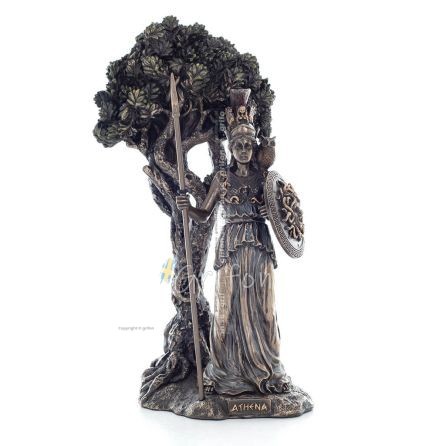 Athena or Athana or Athene: The goddess of the olive tree and wisdom sitting next to an olive tree, 24.5 cm statue with bronze e