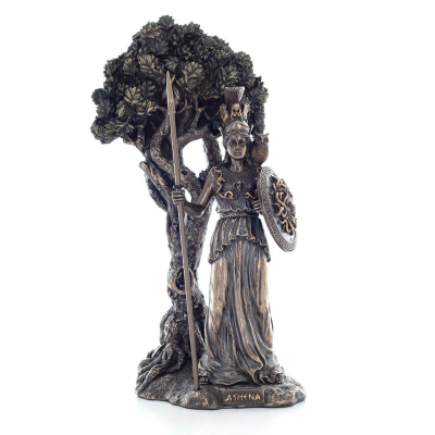 Athena or Athana or Athene: The goddess of the olive tree and wisdom sitting next to an olive tree, 24.5 cm statue with bronze e