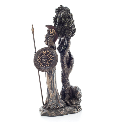 Athena or Athana or Athene: The goddess of the olive tree and wisdom sitting next to an olive tree, 24.5 cm statue with bronze e