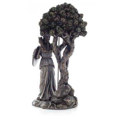 Athena or Athana or Athene: The goddess of the olive tree and wisdom sitting next to an olive tree, 24.5 cm statue with bronze e