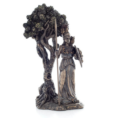 Athena or Athana or Athene: The goddess of the olive tree and wisdom sitting next to an olive tree, 24.5 cm statue with bronze e