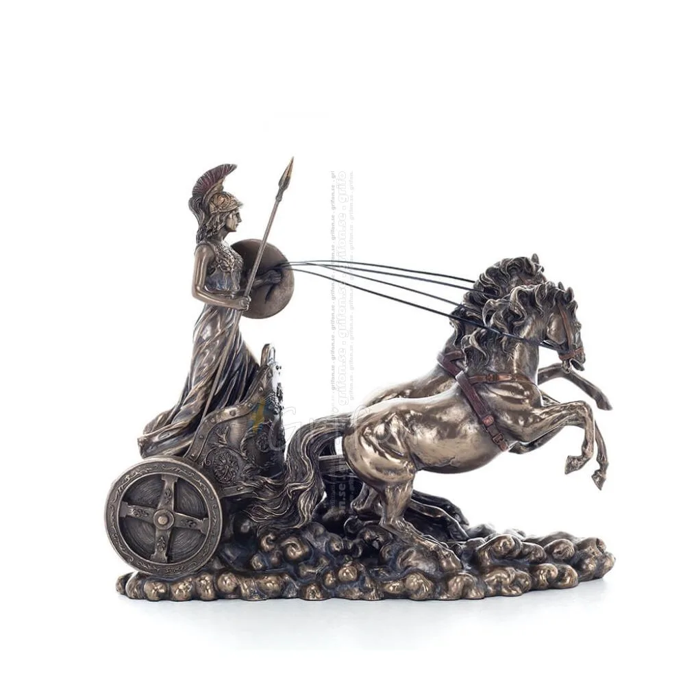 Athena or Athana or Athene: The goddess of wisdom on a 22cm chariot with a spear and shield, full-bodied statue with Veronese br