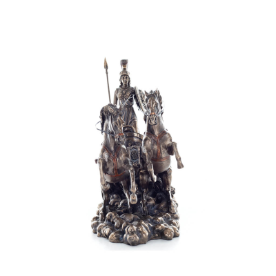 Athena or Athana or Athene: The goddess of wisdom on a 22cm chariot with a spear and shield, full-bodied statue with Veronese br