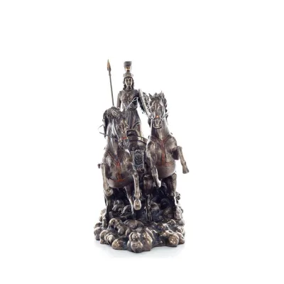 Athena or Athana or Athene: The goddess of wisdom on a 22cm chariot with a spear and shield, full-bodied statue with Veronese br