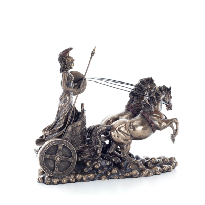 Athena or Athana or Athene: The goddess of wisdom on a 22cm chariot with a spear and shield, full-bodied statue with Veronese br