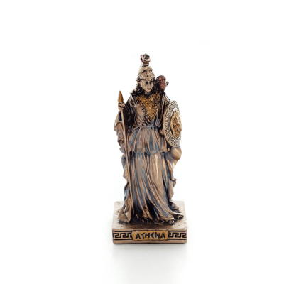 Athena or Athene: The goddess of wisdom 9cm with a spear, shield, helmet, and owl with Veronese Bronze Electrolysis, miniature V