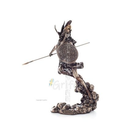 Athena or Athene: The goddess of wisdom 23cm with a spear, shield, helmet, and owl in attack with Veronese Bronze Electrolysis, 