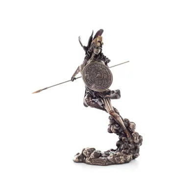 Athena or Athene: The goddess of wisdom 23cm with a spear, shield, helmet, and owl in attack with Veronese Bronze Electrolysis, 