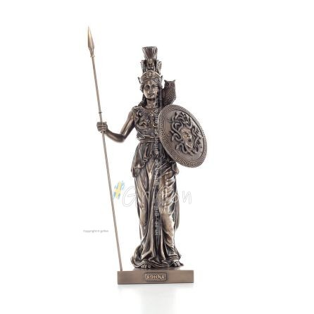 Athena or Athene: The goddess of wisdom 50 cm with a spear, shield, helmet, and owl with Veronese Bronze Electrolysis, ancient V