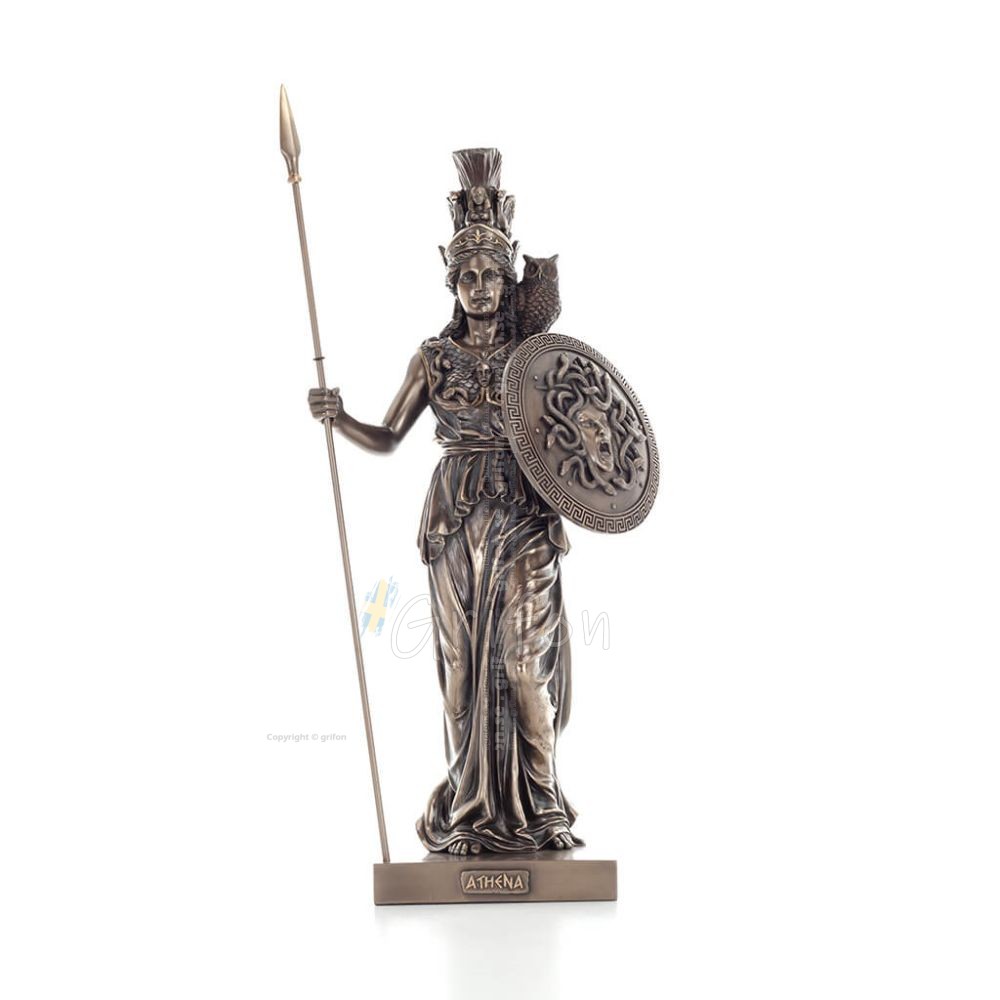 Athena or Athene: The goddess of wisdom 50 cm with a spear, shield, helmet, and owl with Veronese Bronze Electrolysis, ancient V