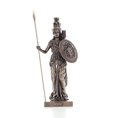 Athena or Athene: The goddess of wisdom 50 cm with a spear, shield, helmet, and owl with Veronese Bronze Electrolysis, ancient V