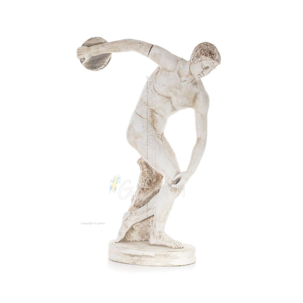 Discus Thrower of Myron: Ung idrottare, symbol för de olympiska spelen, fullängds gipsstaty, antikens Grekland Gyps, Porolithos,