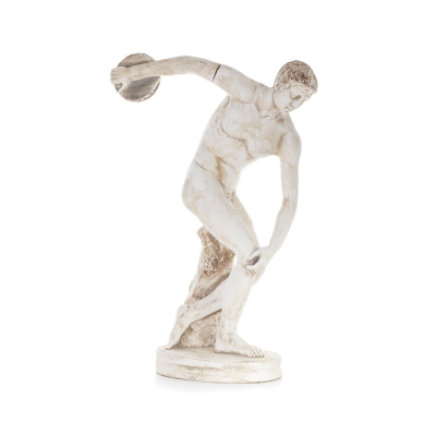 Discus Thrower of Myron: Ung idrottare, symbol för de olympiska spelen, fullängds gipsstaty, antikens Grekland Gyps, Porolithos,