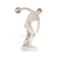 Discus Thrower of Myron: Ung idrottare, symbol för de olympiska spelen, fullängds gipsstaty, antikens Grekland Gyps, Porolithos,