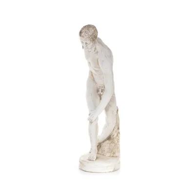 Discus Thrower of Myron: Ung idrottare, symbol för de olympiska spelen, fullängds gipsstaty, antikens Grekland Gyps, Porolithos,