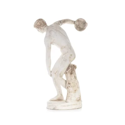 Discus Thrower of Myron: Ung idrottare, symbol för de olympiska spelen, fullängds gipsstaty, antikens Grekland Gyps, Porolithos,