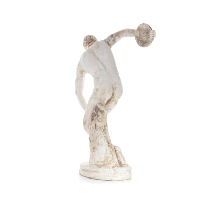 Discus Thrower of Myron: Ung idrottare, symbol för de olympiska spelen, fullängds gipsstaty, antikens Grekland Gyps, Porolithos,