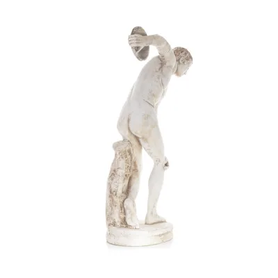 Discus Thrower of Myron: Ung idrottare, symbol för de olympiska spelen, fullängds gipsstaty, antikens Grekland Gyps, Porolithos,