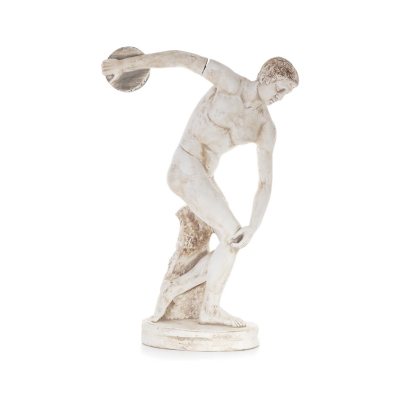 Discus Thrower of Myron: Ung idrottare, symbol för de olympiska spelen, fullängds gipsstaty, antikens Grekland Gyps, Porolithos,