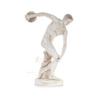 Discus Thrower of Myron: Ung idrottare, symbol för de olympiska spelen, fullängds gipsstaty, antikens Grekland Gyps, Porolithos,