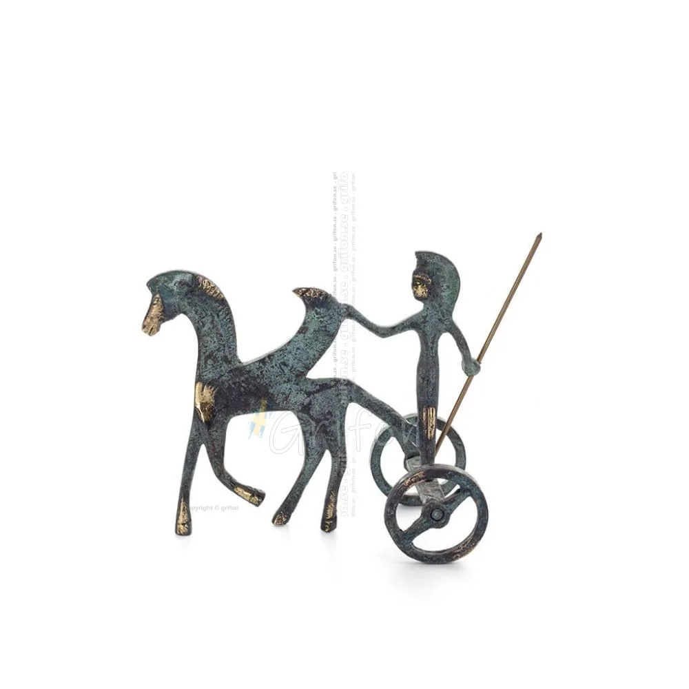 Athena or Athana or Athene: The goddess of wisdom on a chariot with Pegasus & spear, 12cm full-bodied bronze decorative statue, 