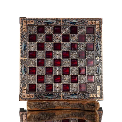 Schackbräde kopparemalj 28x28cm slingrande delfin, schack, brädspel Backgammon, Schack 1 - grifon.se 