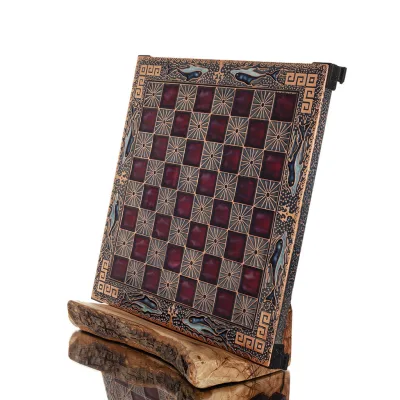 Schackbräde kopparemalj 28x28cm slingrande delfin, schack, brädspel Backgammon, Schack 2 - grifon.se 