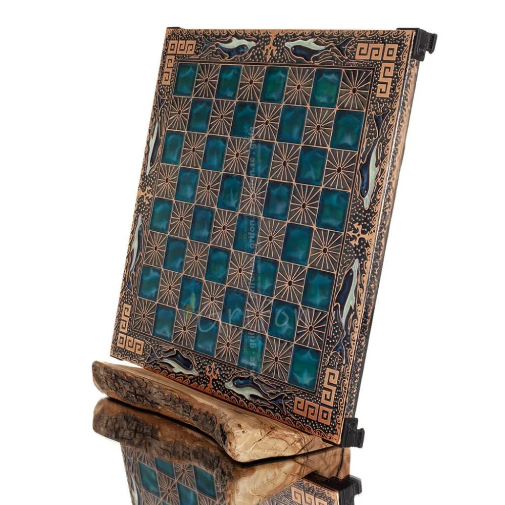 Schackbräde kopparemalj 33x33cm slingrande delfin, schack, brädspel Backgammon, Schack 1 - grifon.se 