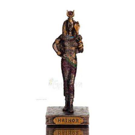 Hathor eller Athor, himmelsk gudinna, kvinnors beskyddare - 8,5 cm helkroppstaty med brons elektrolys av Veronese, egyptisk kult
